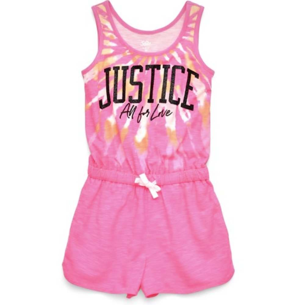 Justice Girls Pink Tie Dye Glitter Graphic "All For Love" Romper Size XL and M